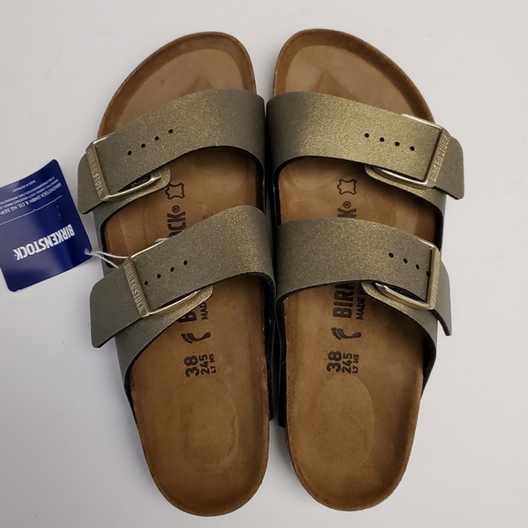 birkenstock arizona icy metallic stone gold